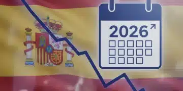 Tendencias Económicas 2026: España y la Tasa de Desempleo del 11% - Análisis y Perspectivas Gráfico de tendencias económicas con la bandera española y el año 2026, simbolizando las previsiones de empleo en España.