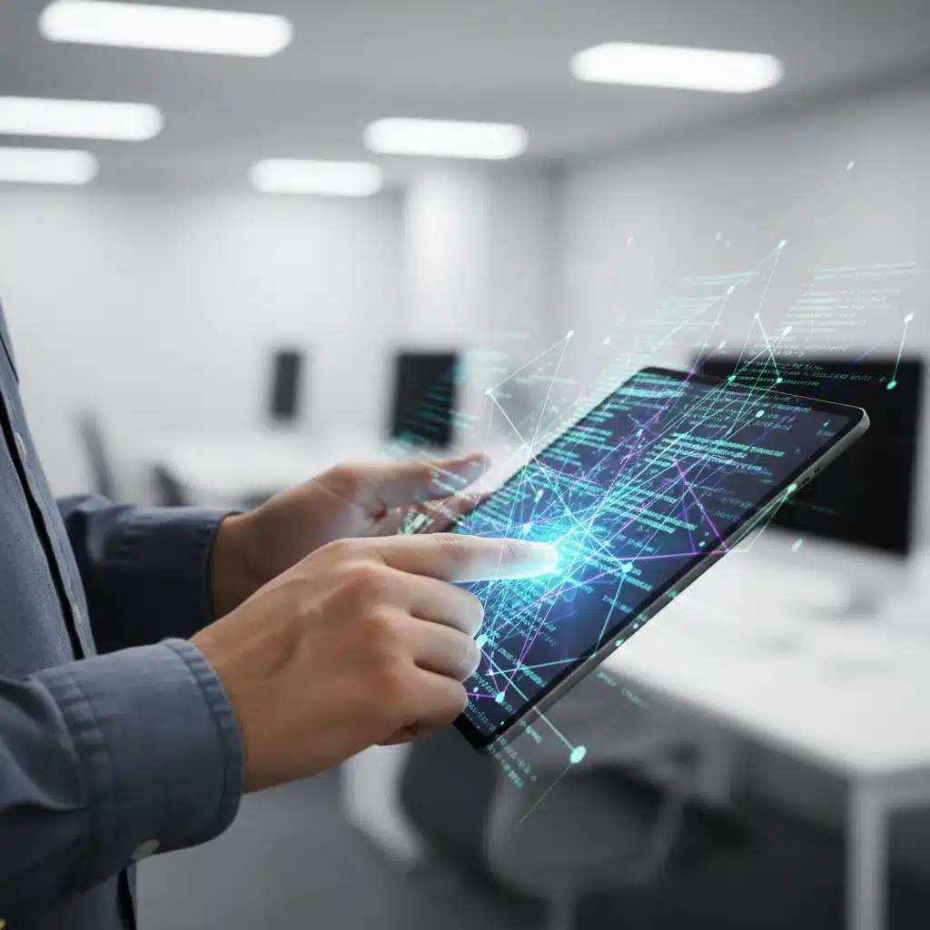 Manos trabajando en una tablet con código, simbolizando la transformación digital y las habilidades tecnológicas.