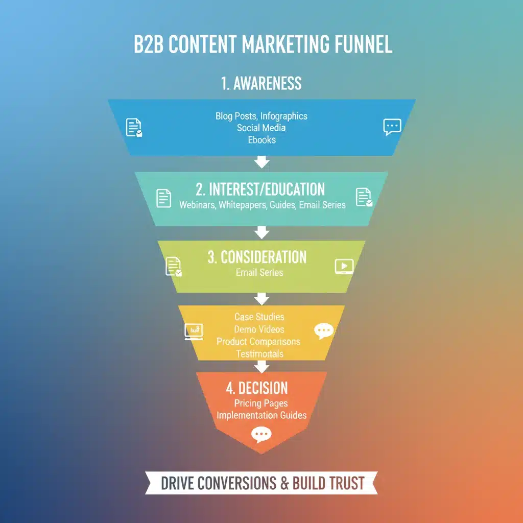 Infographie du tunnel de marketing de contenu B2B, montrant les étapes et les types de contenu.