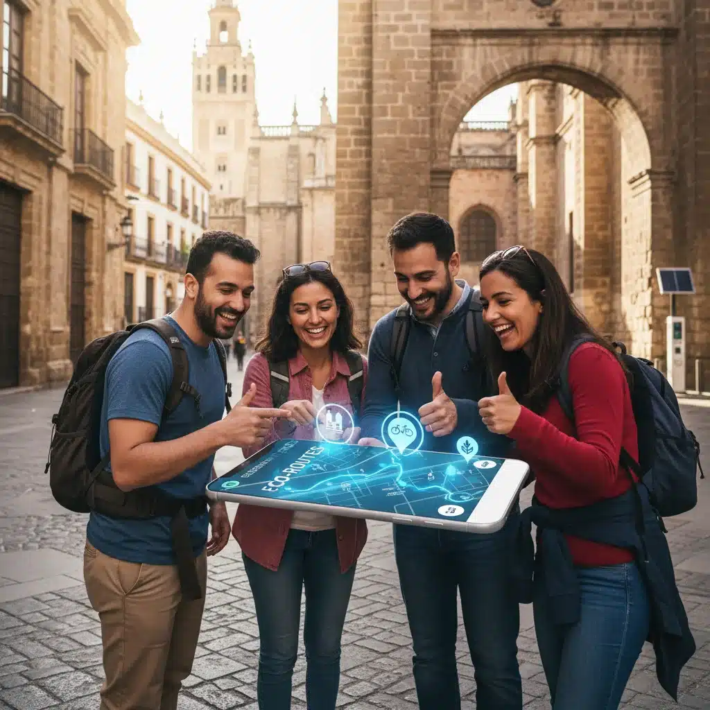 Viajeros utilizando tecnología móvil para explorar una ciudad histórica española de forma sostenible.