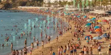 Paisaje urbano o costero español vibrante con turistas y gráficos de crecimiento económico superpuestos, simbolizando el auge del turismo en España.