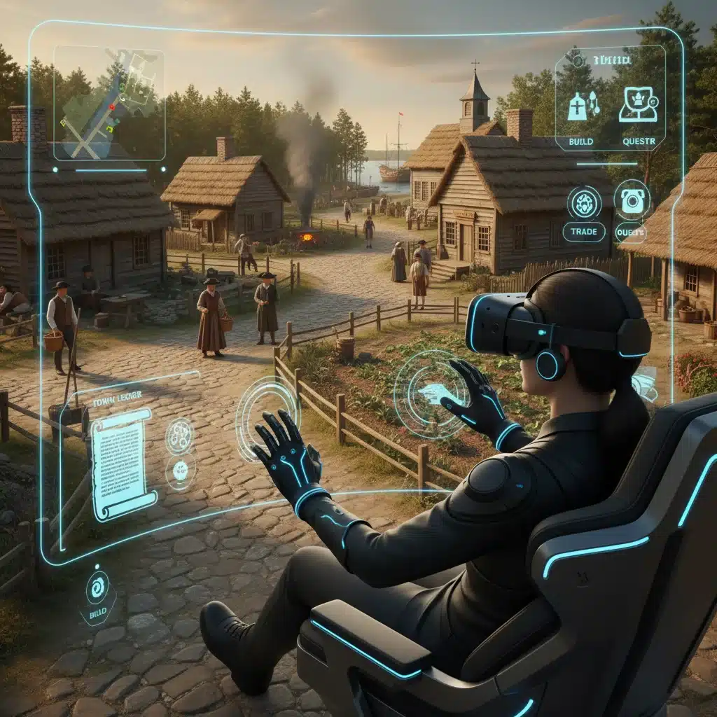 Rendu 3D détaillé d'un village colonial américain en réalité virtuelle