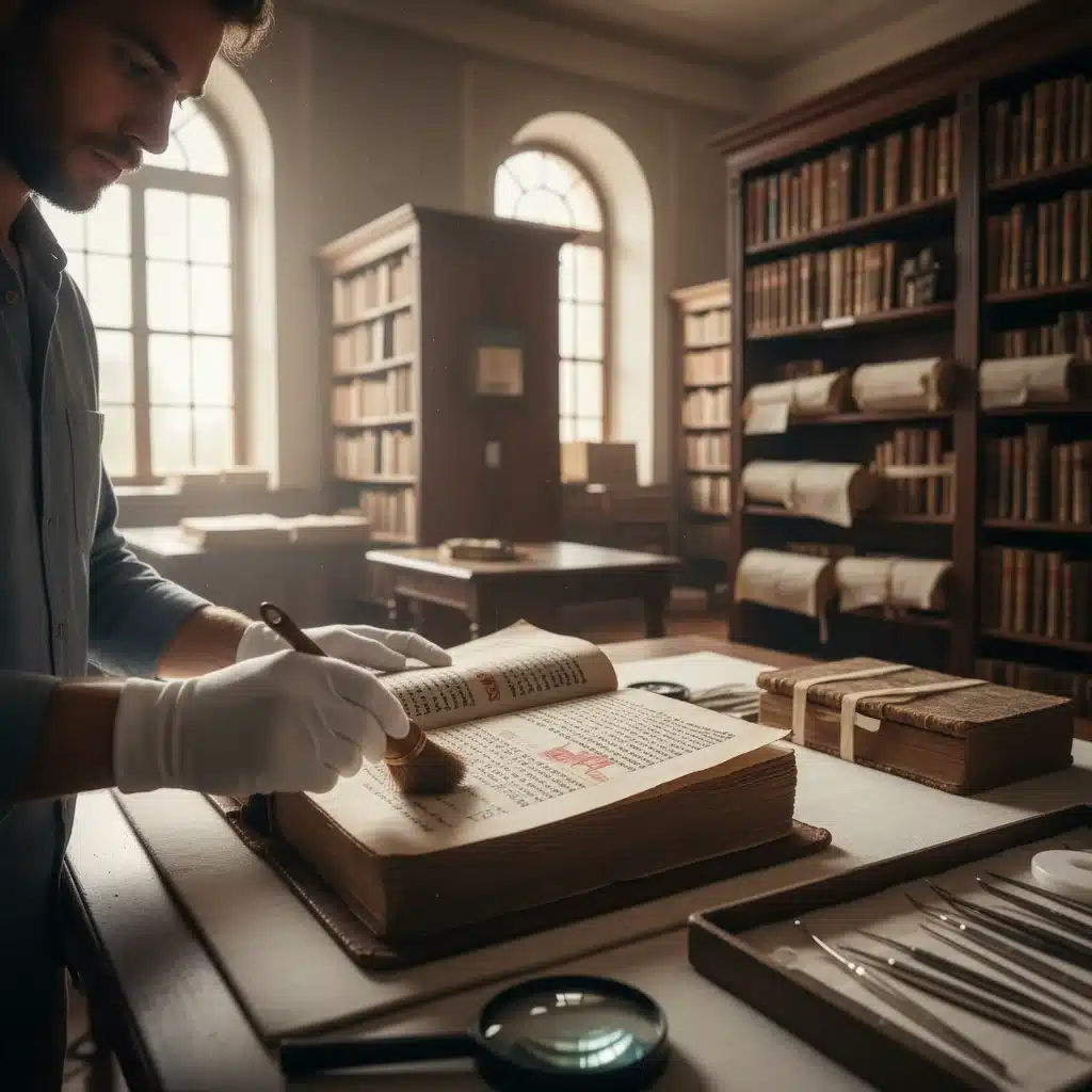 Voluntario limpiando manuscrito antiguo en archivo, mostrando el cuidado del patrimonio documental.