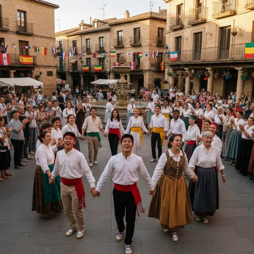 Voluntarios internacionales aprendiendo baile folklórico español en plaza, promoviendo intercambio cultural.