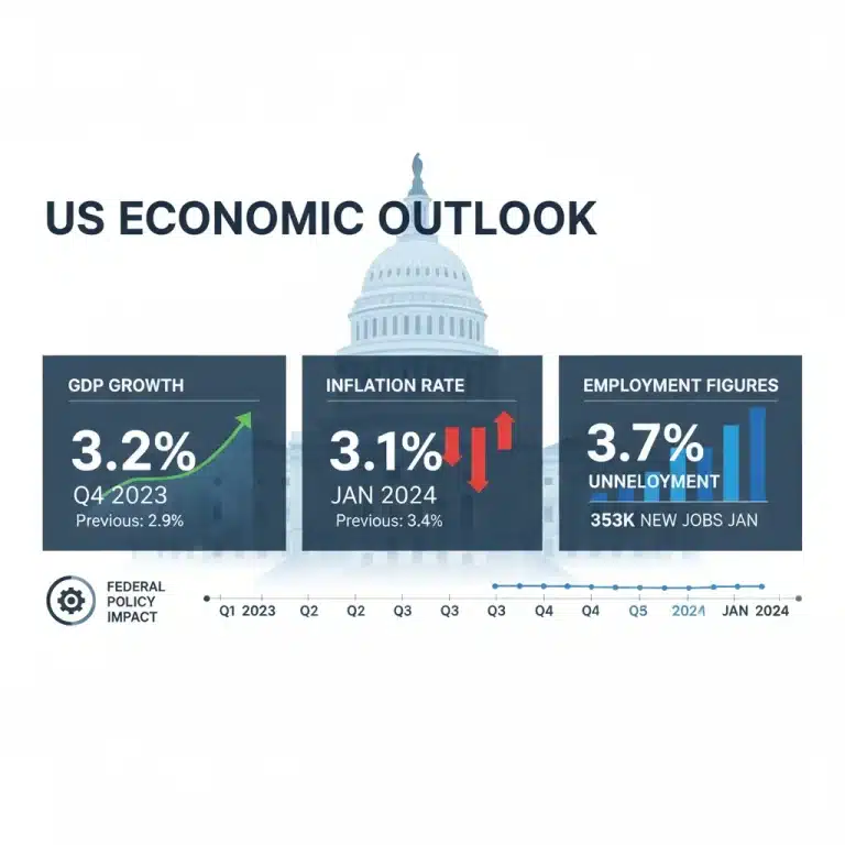 Infographic showing economic indicators and the US Capitol, representing the 2026 Federal Budget's impact.