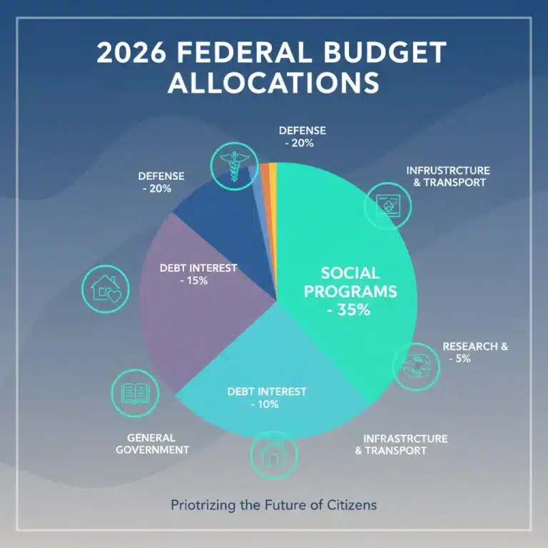 Infographic illustrating 2026 federal budget distribution with focus on social programs funding