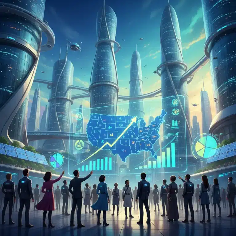 Futuristic professionals analyzing 2026 US labor market trends with holographic graphs.