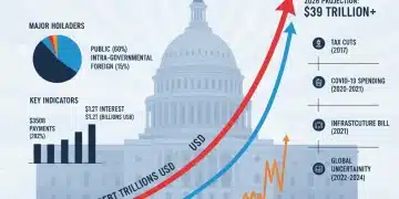 Navigating the 2026 U.S. National Debt: Economic Impact and Future Strategies Infographic showing projected US national debt growth by 2026 with economic indicators.