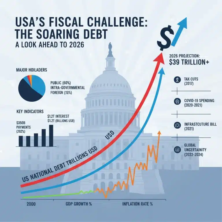Infographic showing projected US national debt growth by 2026 with economic indicators.