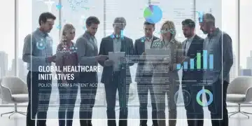 Diverse individuals reviewing digital healthcare policy information on a screen