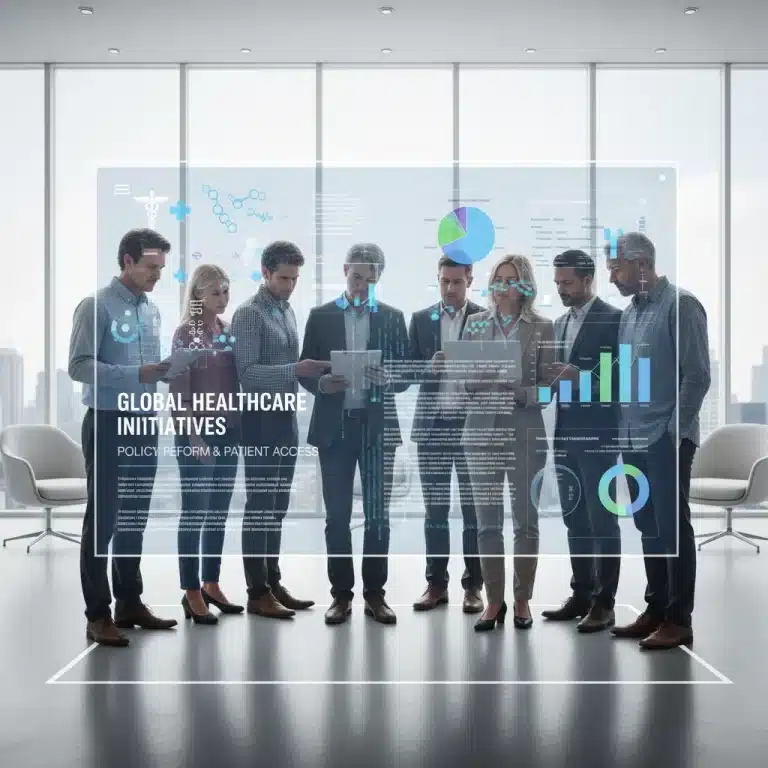 Diverse individuals reviewing digital healthcare policy information on a screen