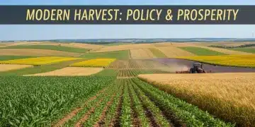 2026 Farm Bill: Impact on Food Prices, Supply Chains, and Agriculture Vast agricultural landscape showing diverse crops and modern farming equipment, representing the scope of the Farm Bill's influence.
