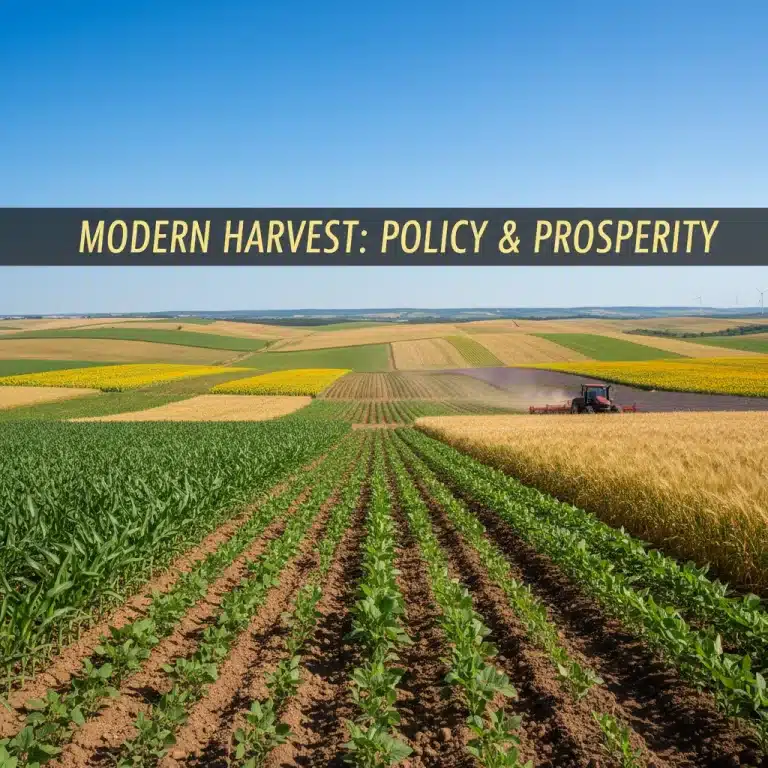 Vast agricultural landscape showing diverse crops and modern farming equipment, representing the scope of the Farm Bill's influence.