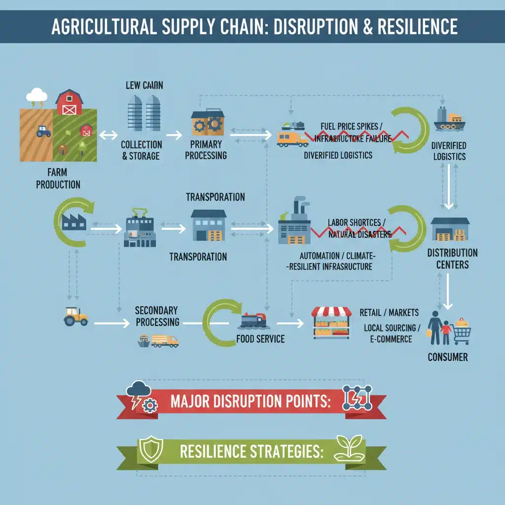Detailed infographic showing agricultural supply chain components, emphasizing resilience and potential bottlenecks.