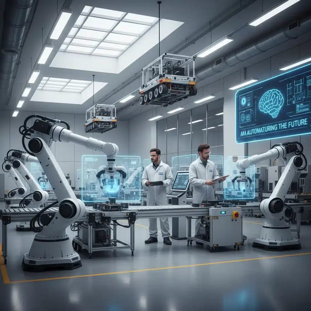 Robotics and AI in modern manufacturing, symbolizing technological innovation in the US economy.