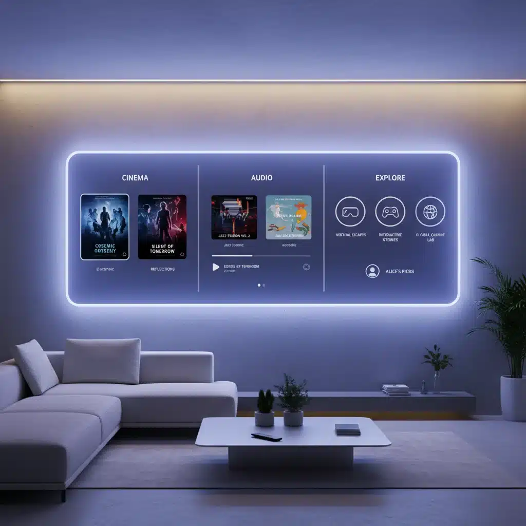 AI-powered smart home interface showing personalized content recommendations.