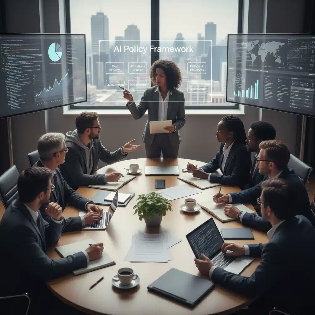 Diverse professionals discussing AI policy and ethical implications around a table with screens.