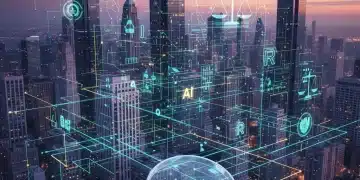 Futuristic cityscape with digital data lines and a magnifying glass over a legal document, symbolizing AI regulatory oversight.