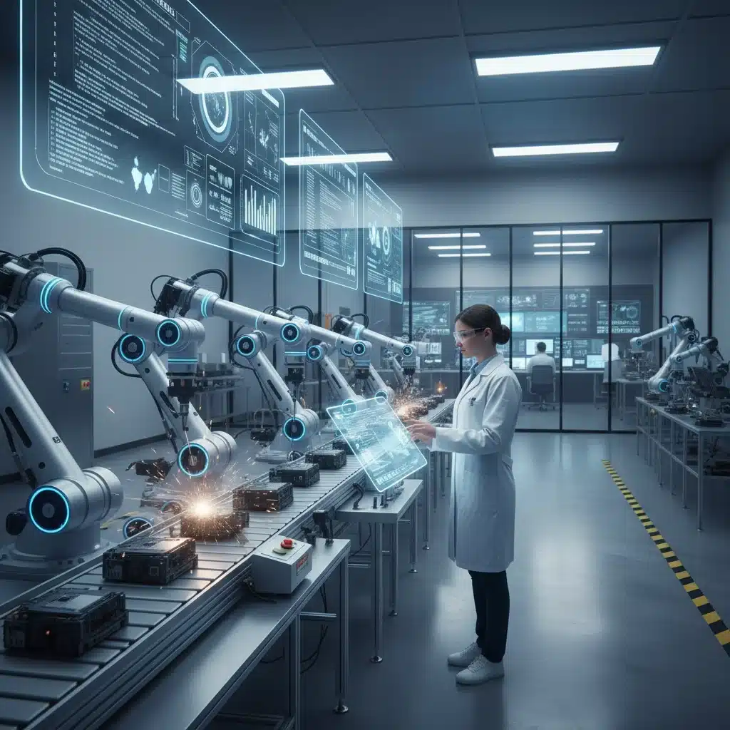 Robotic arms and human supervision in a modern manufacturing facility, illustrating AI and automation in industry.