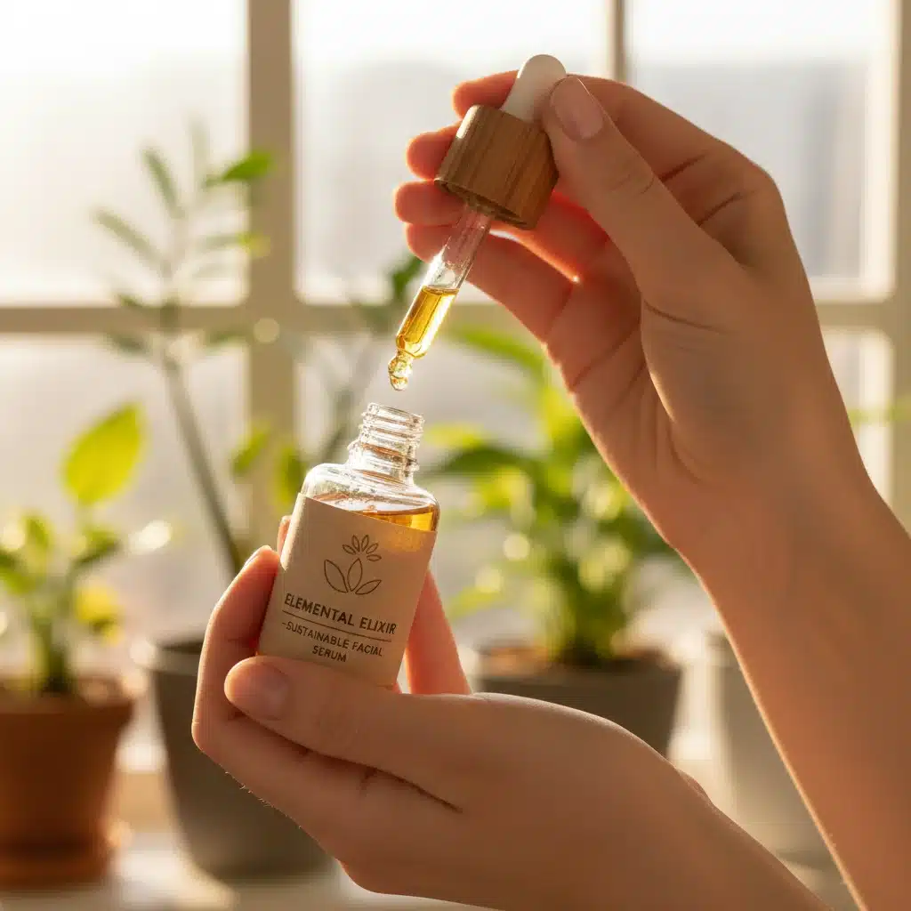 Woman applying natural facial serum, emphasizing clean beauty routine.