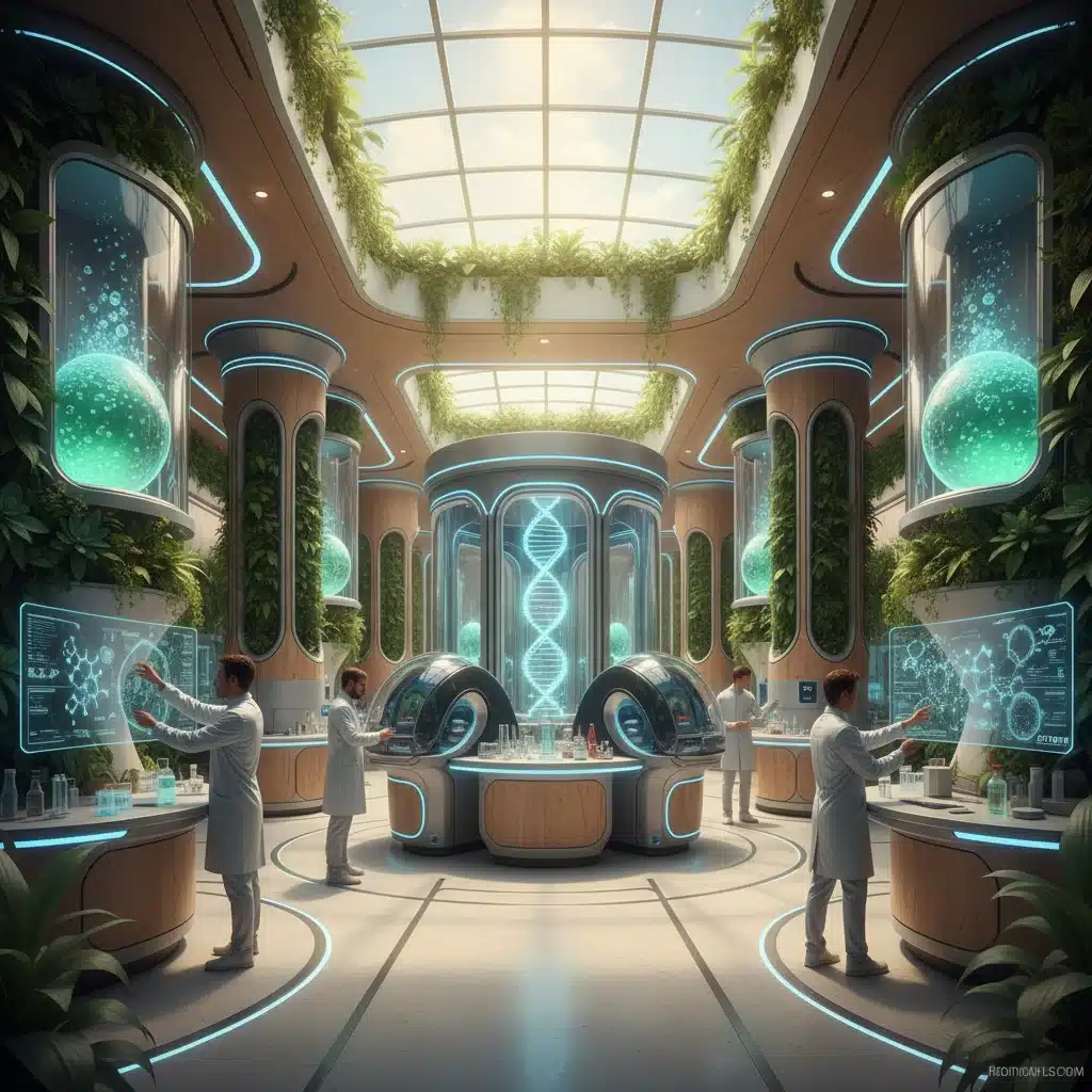 Scientists working in a futuristic biotechnology lab with advanced equipment and green elements.
