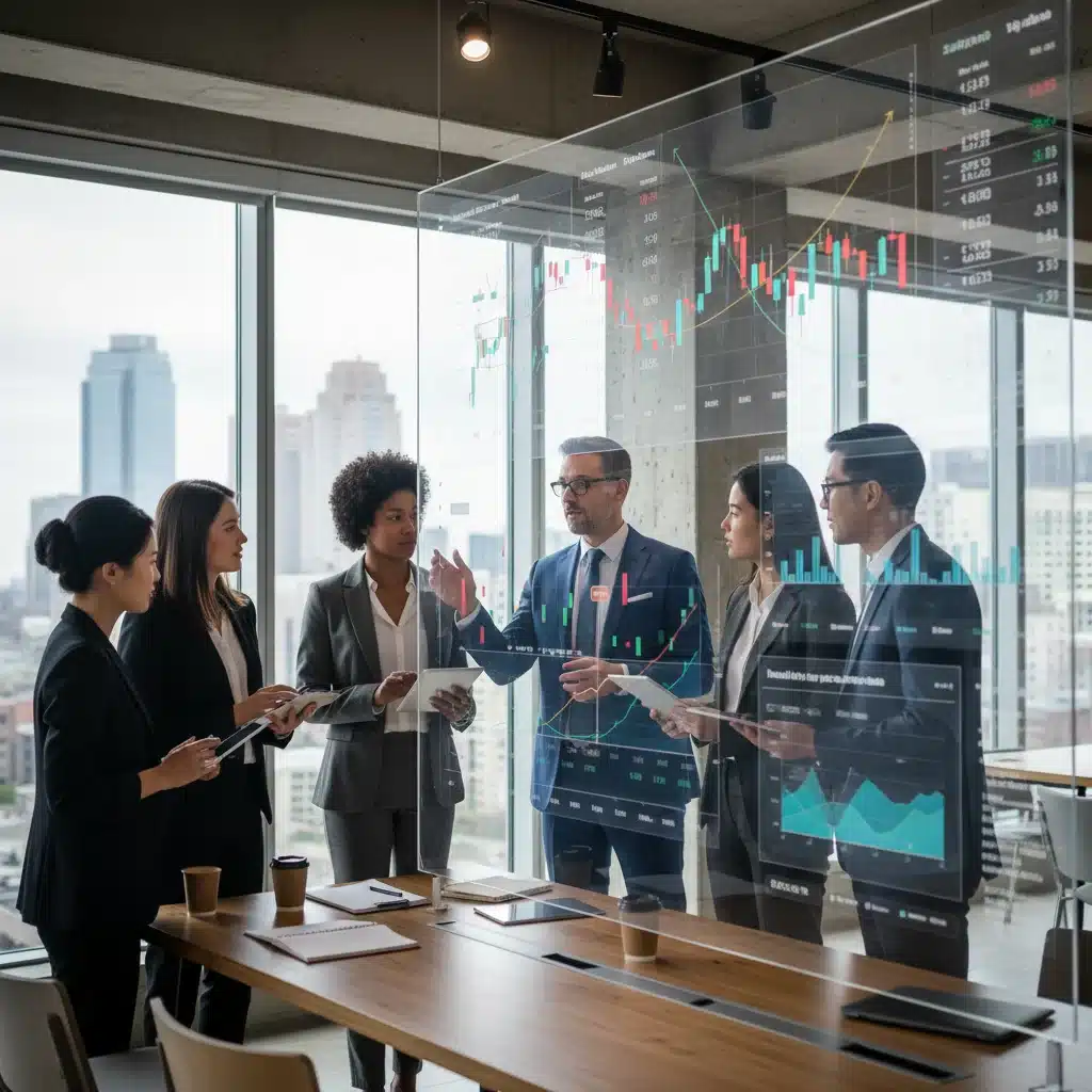 Business professionals analyzing financial data and interest rate charts in an office