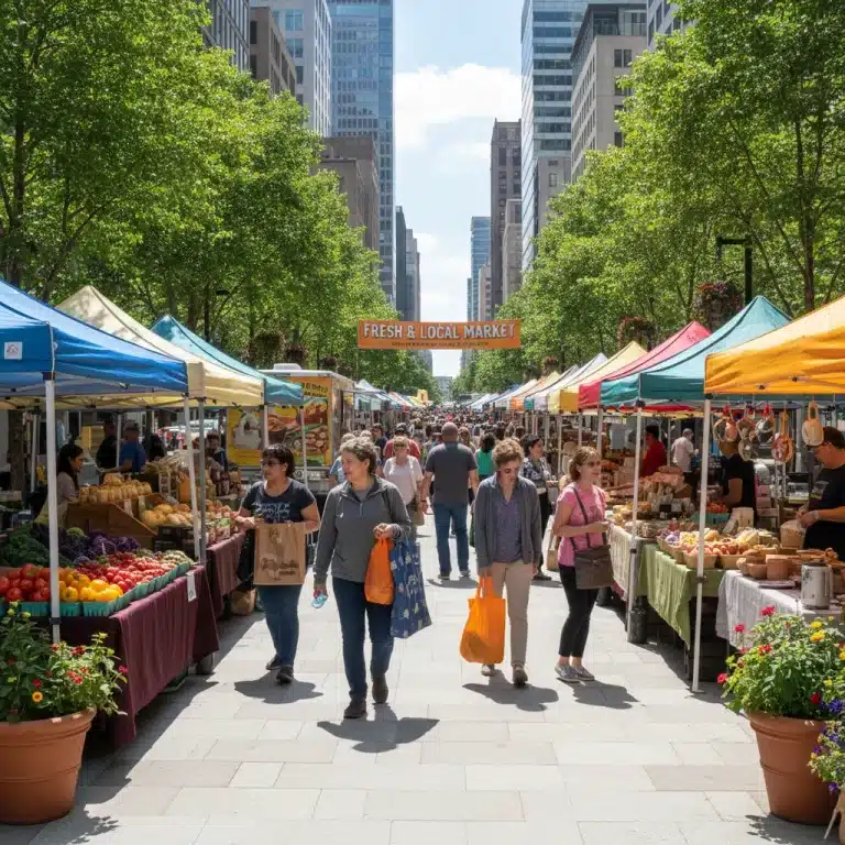 Bustling farmers market with fresh produce and artisanal goods in a thriving U.S. city.