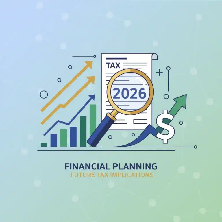 Financial charts and tax forms representing capital gains tax planning for 2026.