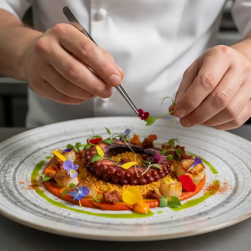 Chef's hands meticulously garnishing a fusion Spanish dish with microgreens.
