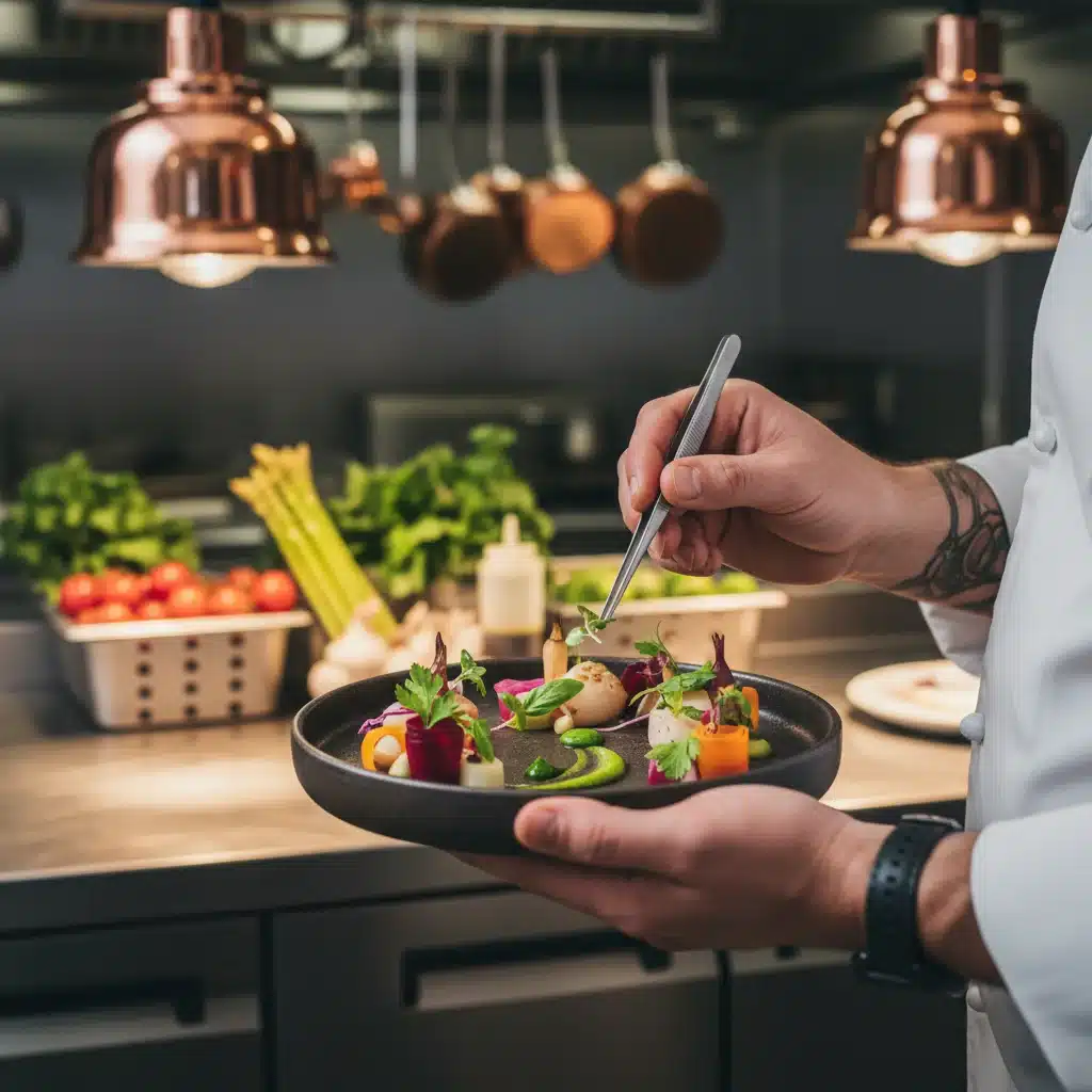 Chef plating a dish with fresh, locally sourced ingredients in a modern kitchen.