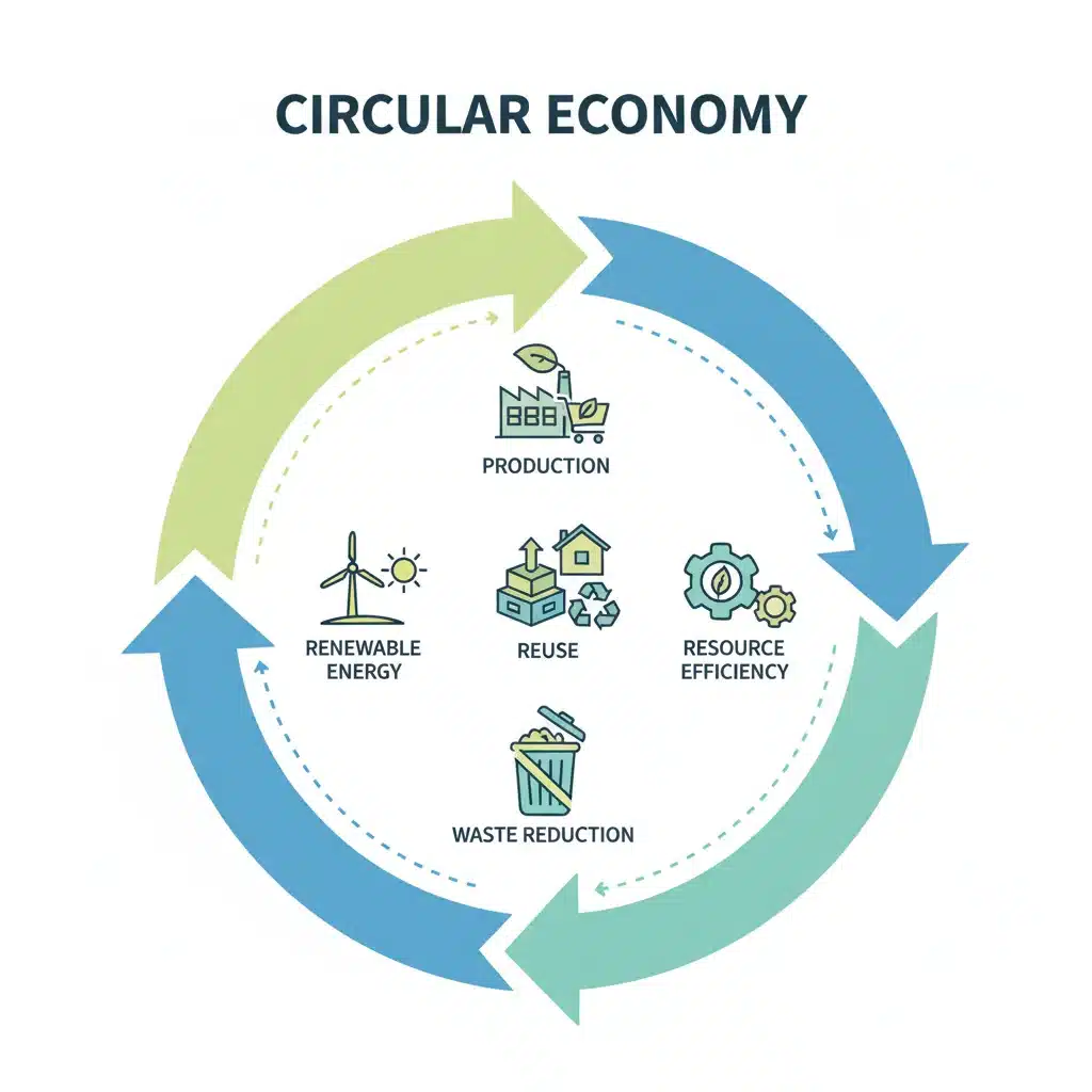 Infographic depicting a circular economy model with sustainability icons