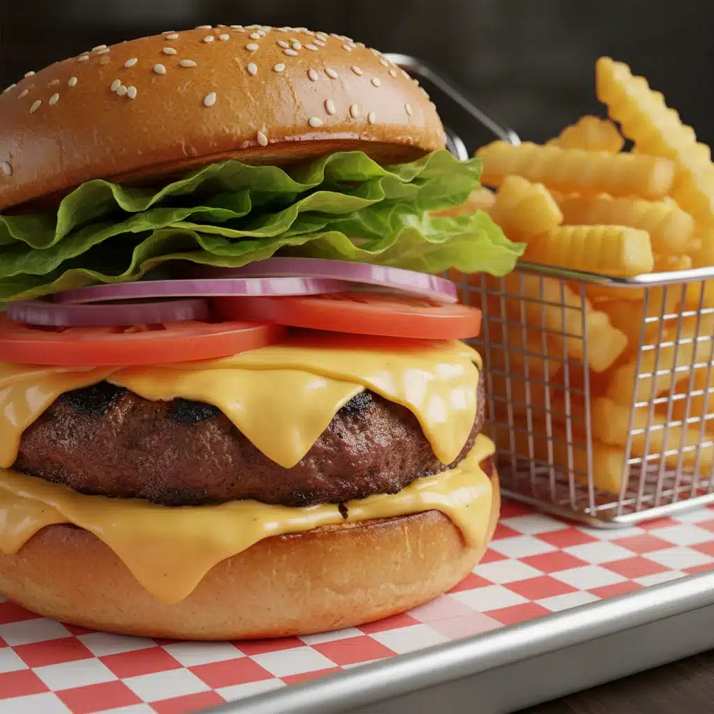 A classic American cheeseburger with fries, showcasing its delicious layers and perfect grilling.