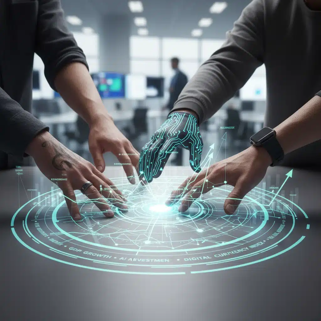 Diverse hands interacting with holographic economic data, symbolizing collaborative innovation in technology.
