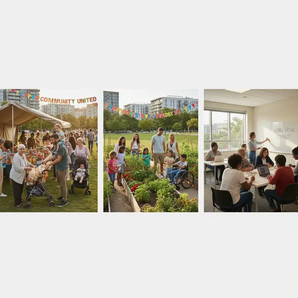 Diverse community members benefiting from various social support programs