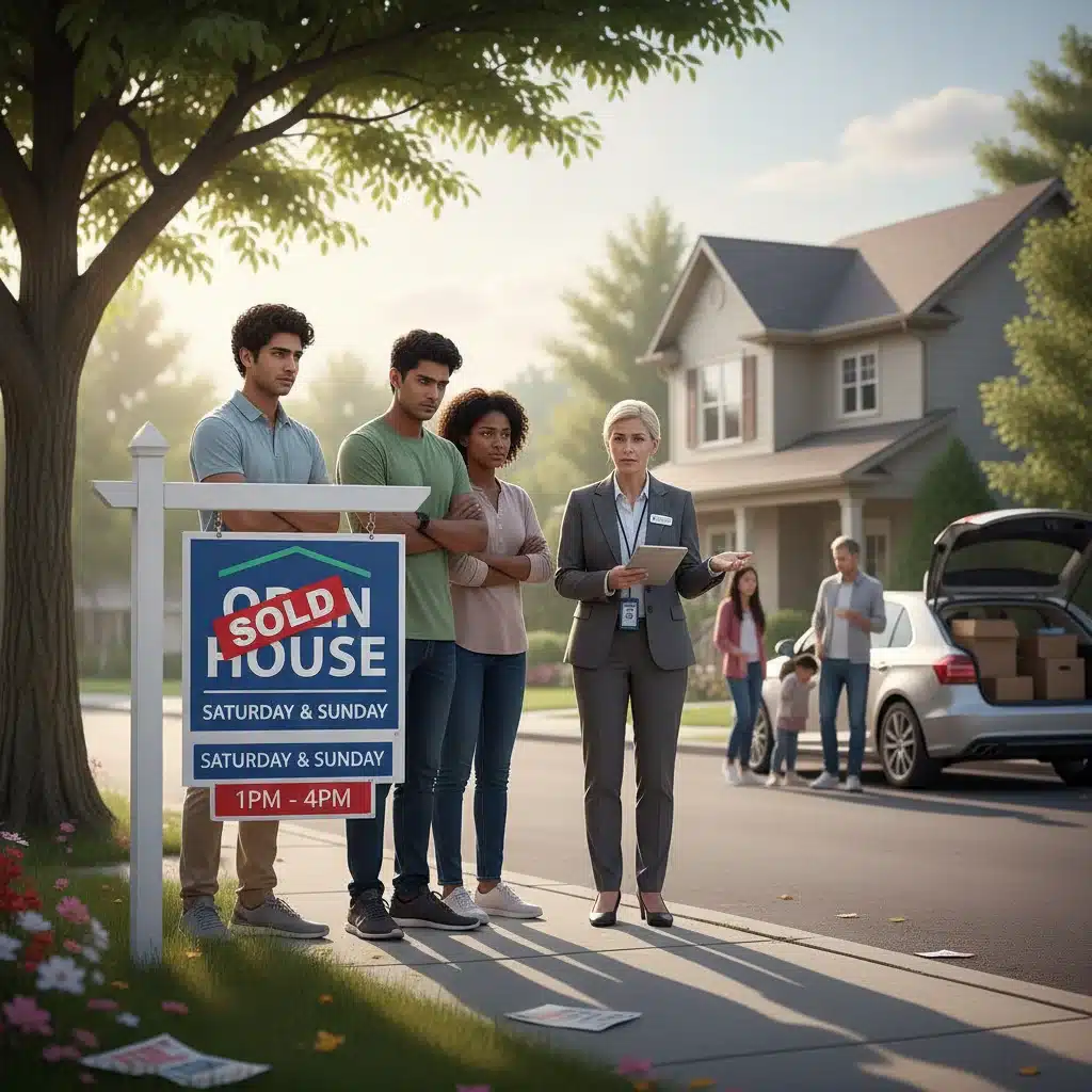 Prospective homebuyers and real estate agent at a competitive open house