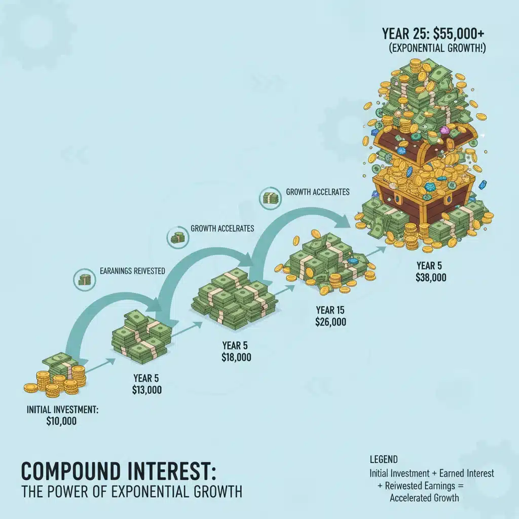 Infographic demonstrating the power of compound interest with growing money stacks.