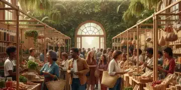 Diverse shoppers engaging in conscious consumerism at a sustainable marketplace