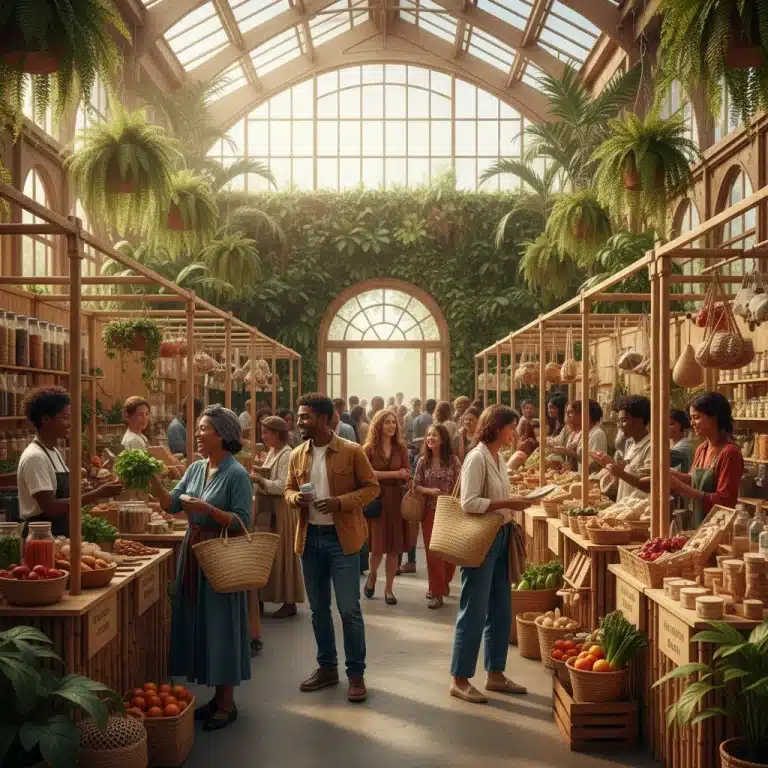 Diverse shoppers engaging in conscious consumerism at a sustainable marketplace
