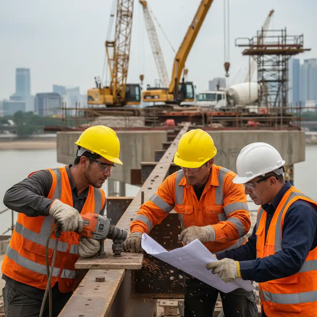 Construction workers building a new bridge section, highlighting infrastructure development.