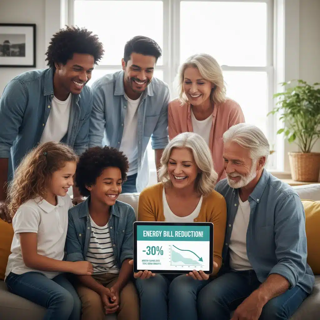 Happy consumers viewing reduced energy bills on a tablet, symbolizing financial savings from renewable energy.