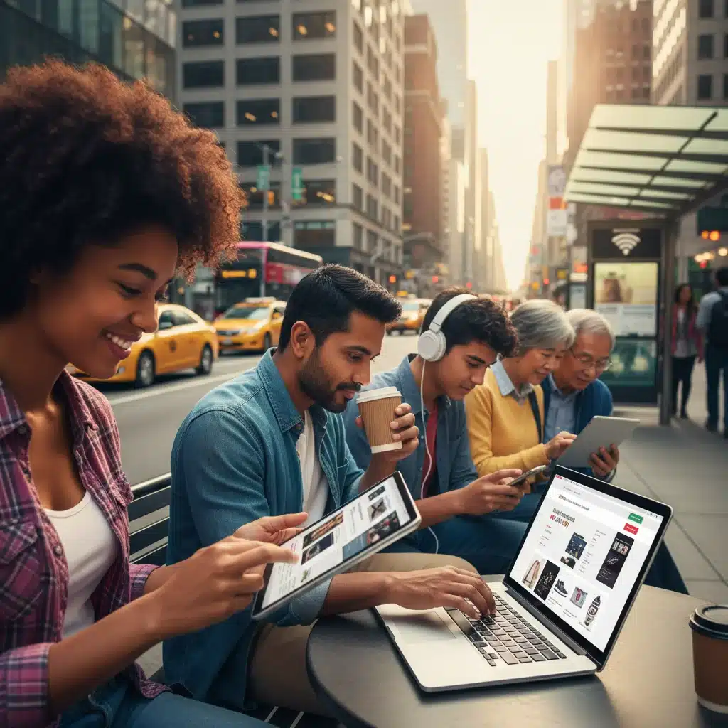 Diverse consumers shopping online on multiple devices