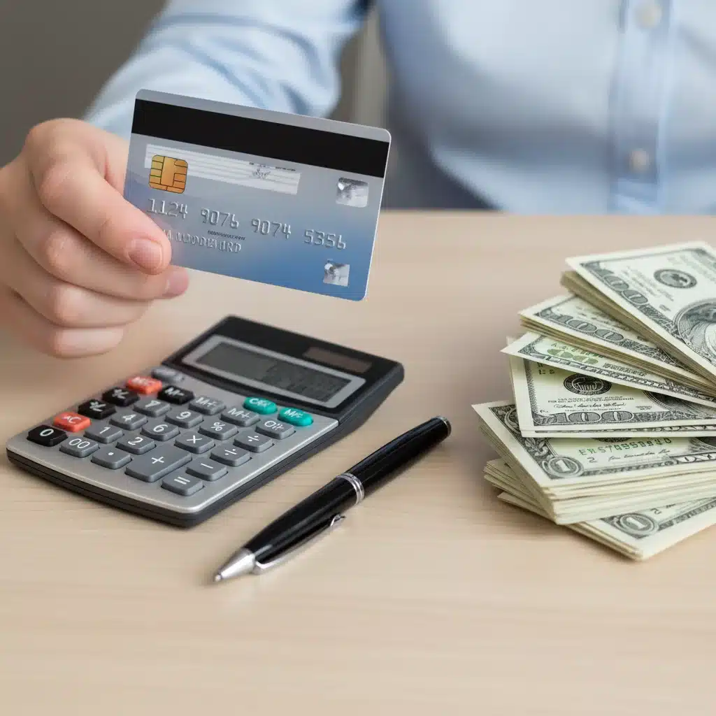 Hand holding credit card calculating debt payments with bills on table