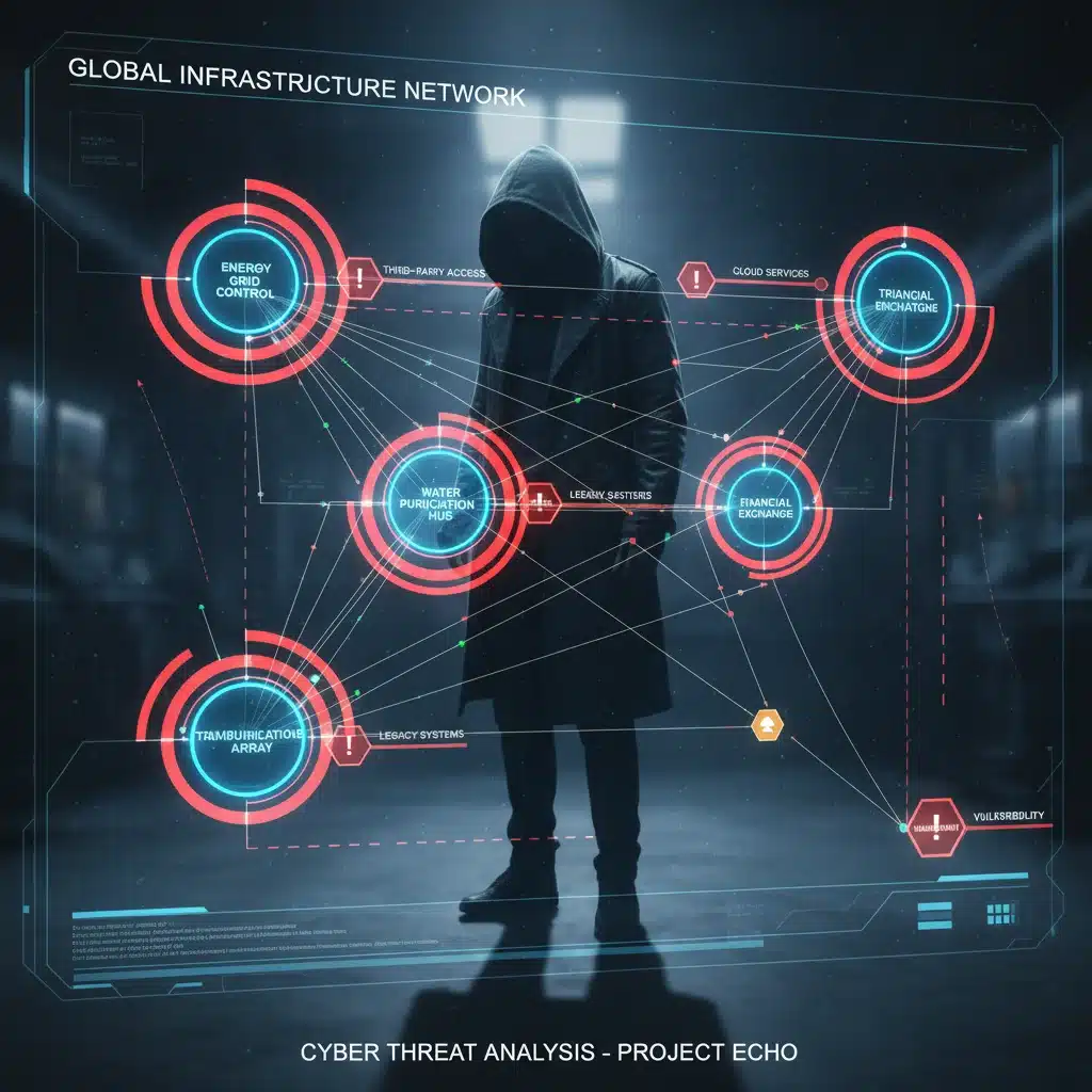 Complex network diagram showing critical infrastructure vulnerabilities
