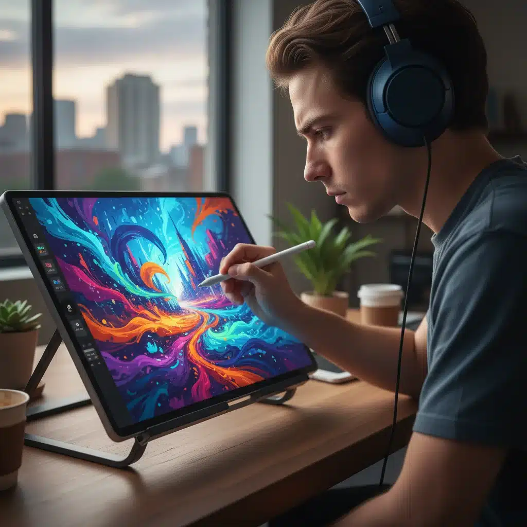 Artist creating digital art on a tablet