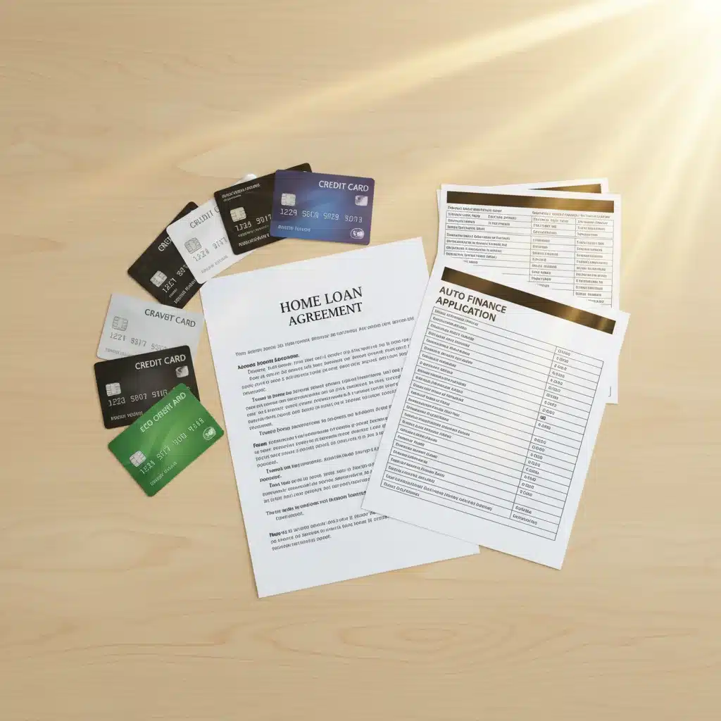 Organized financial portfolio with credit cards and loan documents, illustrating credit mix.