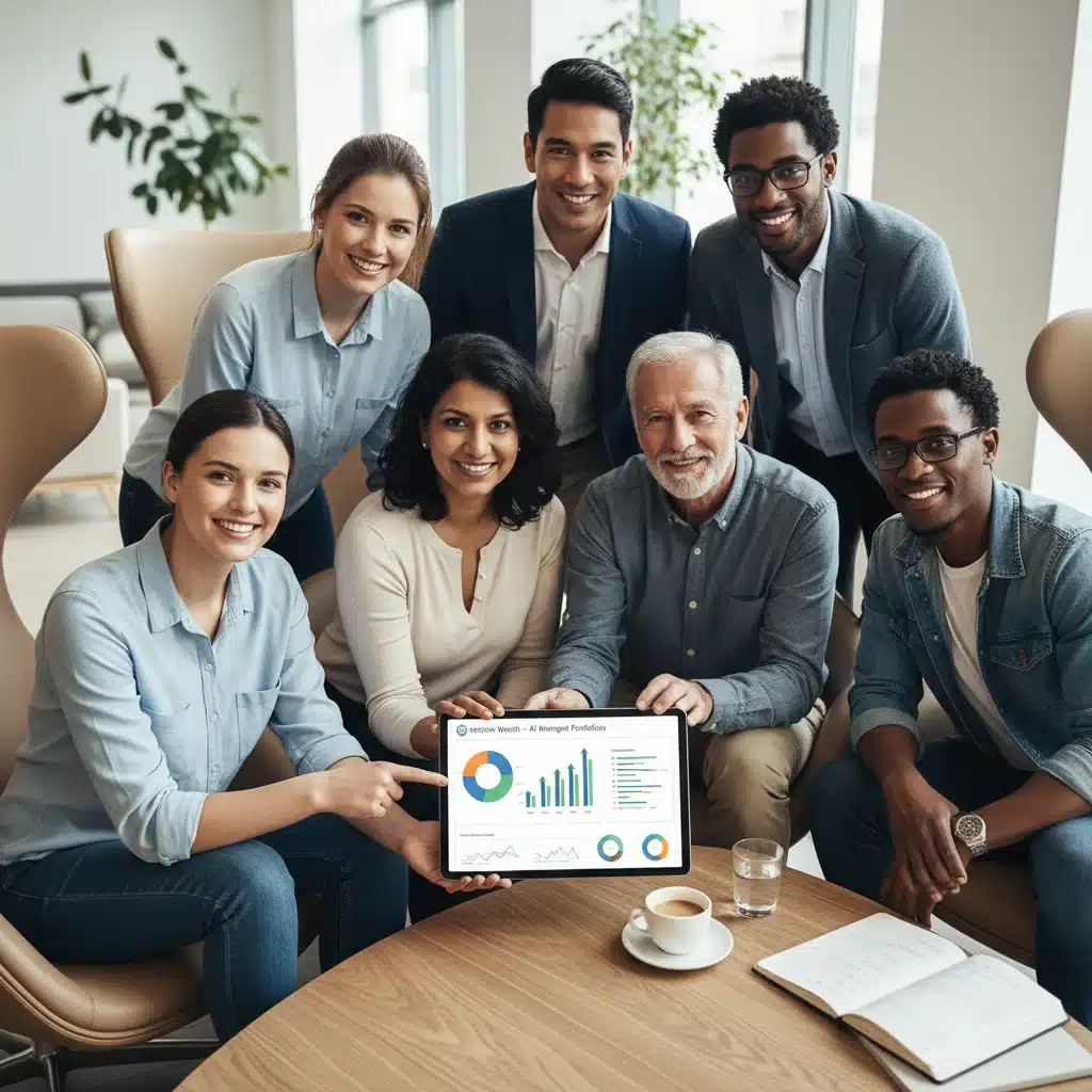 Diverse investors confidently viewing robo-advisor managed portfolios on a tablet, symbolizing accessibility and user-friendliness.