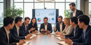 Diverse team collaborating happily in a modern office environment