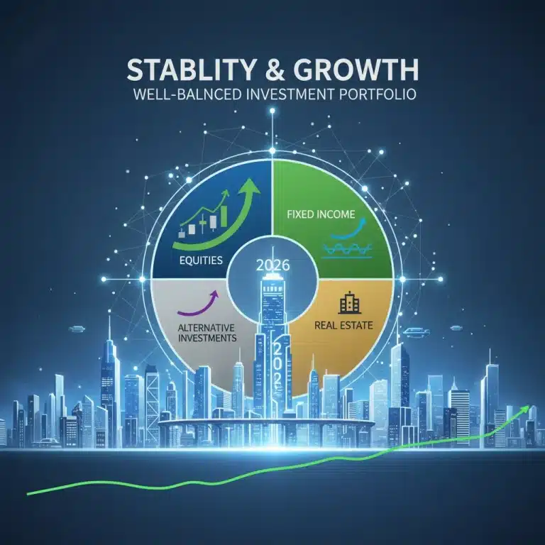 Diversified investment portfolio chart with growth arrows and futuristic city background.