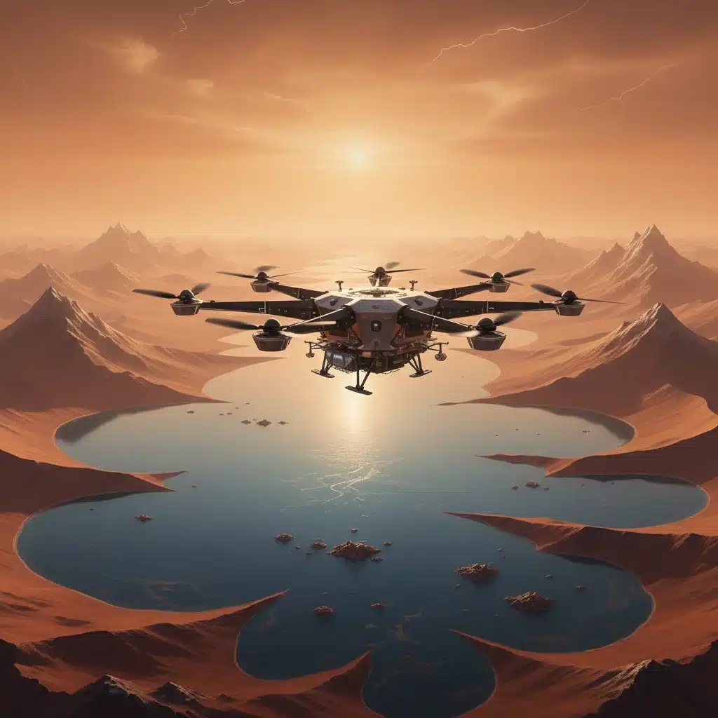 Dragonfly rotorcraft flying over Titan's methane lakes and orange hazy atmosphere