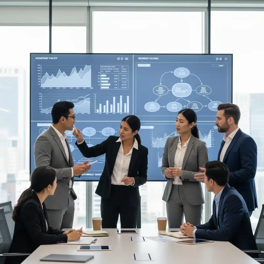 Financial professionals analyzing economic data and discussing monetary policy impact